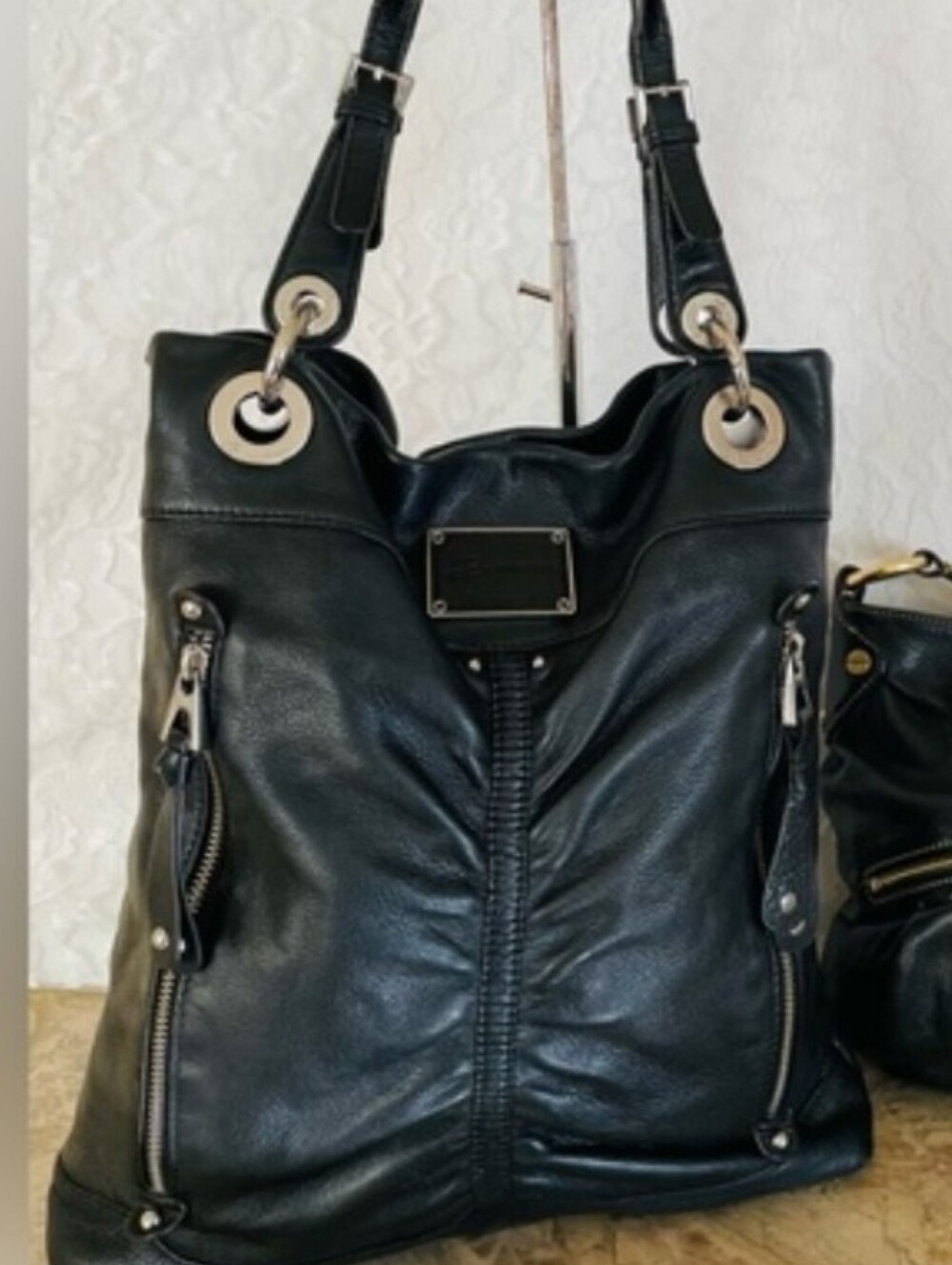 Black Leather Zip-Accent Shoulder Bag